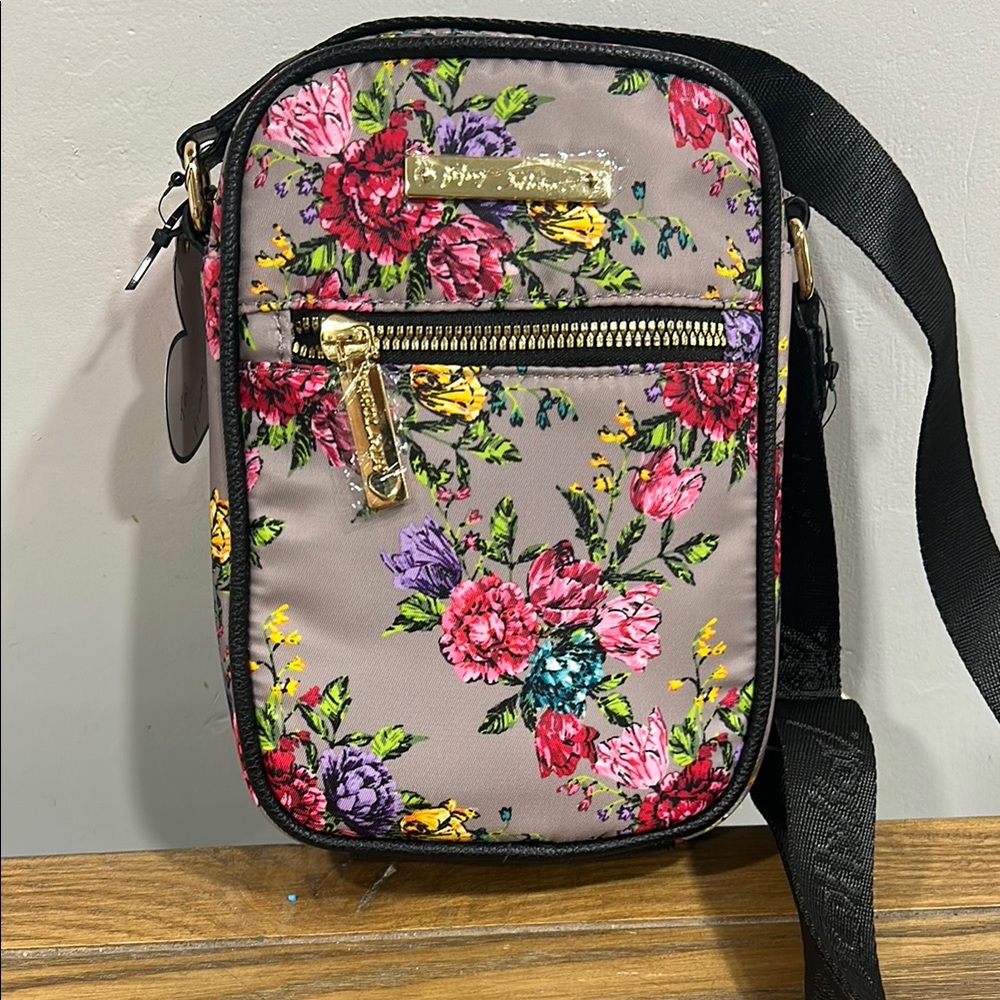 Betsey Johnson Gray and Pink Floral Crossbody Bag